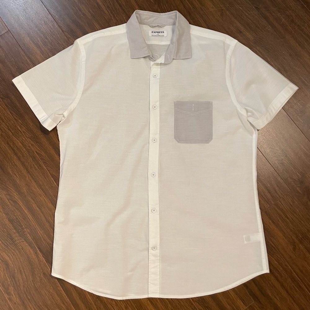 Express Large Short Sleeve Button Up Color: White with Grey Pocket & Collar